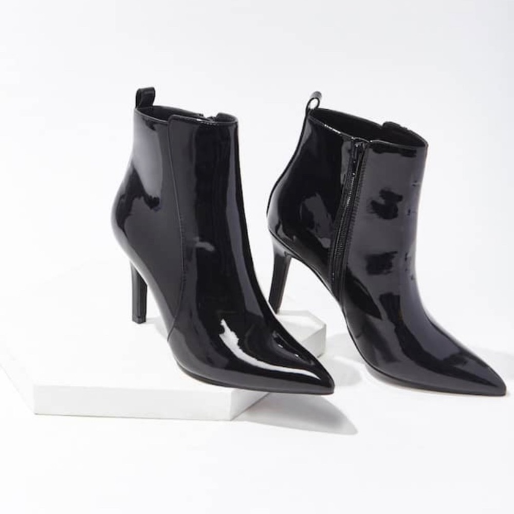 New black vinyl ankle boots